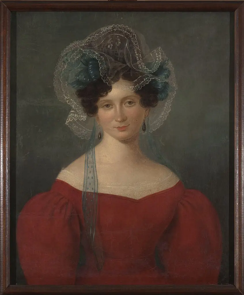 Portrait of a lady in a red dress, by Unknown