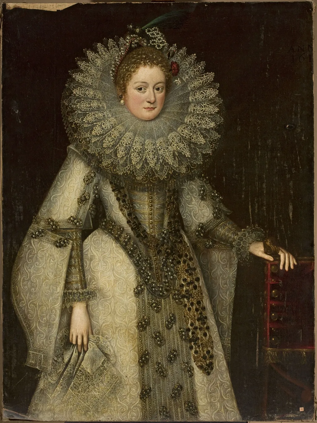 Portrait of a lady in a rich costume leaning on the armchair, by Unknown, oil, 1612