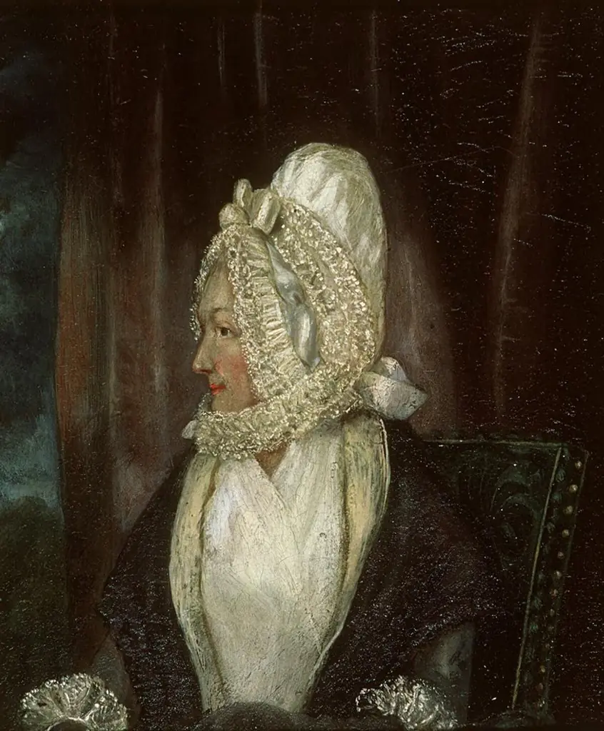 Portrait of a lady in white bonnet, by Unknown