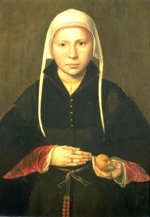 Portrait of a young lady, holding a piece of fruit in her hand, by Unknown, oil, 1540