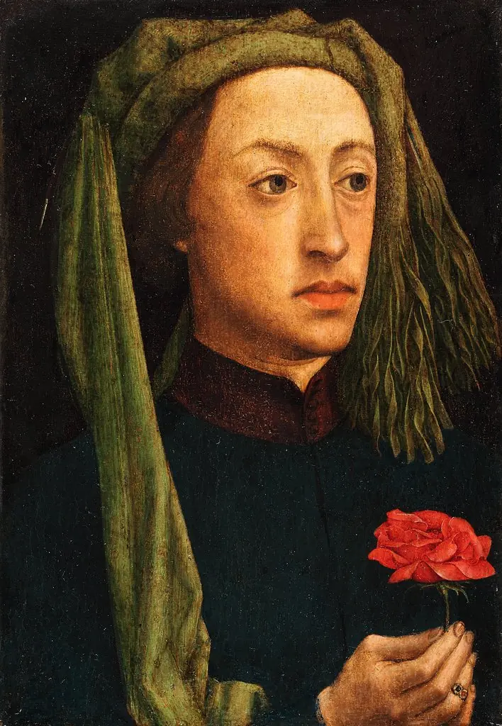 Portrait of a young man holding a red rose, by Unknown