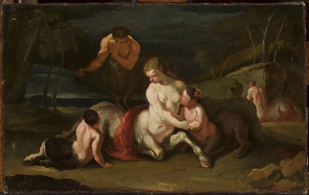 Portrait of centaur family against landscape, by Unknown