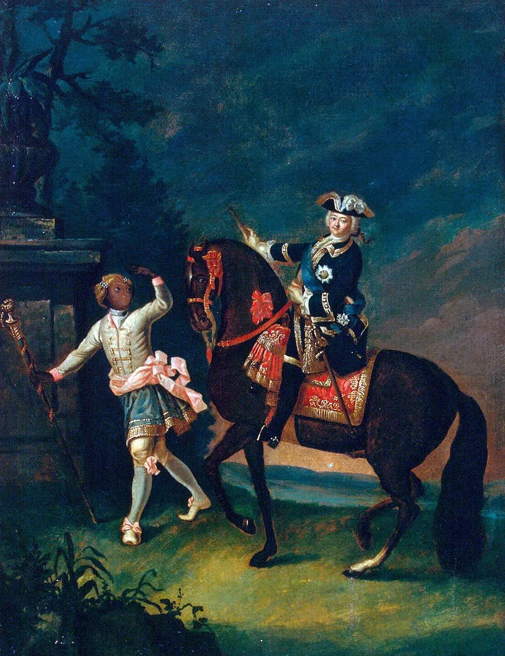 Portrait of Elizabeth Petrovna on Horseback Accompanied by a Negro Servant (copy), by Unknown, oil, 1743