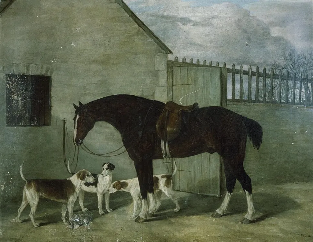 Portrait of hunter Magpie & dogs, by Unknown, oil, 1850