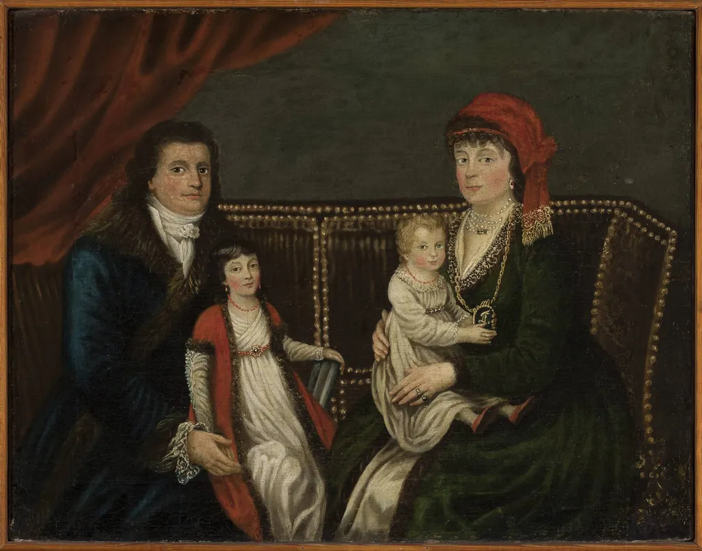 Portrait of the Lafontaine family, Leopold (1756–1812), surgeon, with his wife Teresa née Korneli (1768–1827) and daughters, Zofia (?–1831) and Wiktoria (1800–1849), by Unknown, oil, 1801