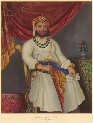Portrait of Tukoji II, the Maharaja Holkar of Indore, seated under a looped crimson curtain., by Unknown