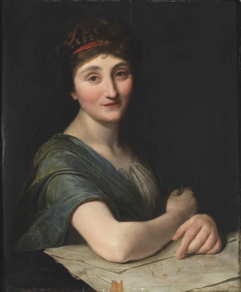 Porträtt av kvinnlig konstnär med teckning, by Unknown, oil, 1800