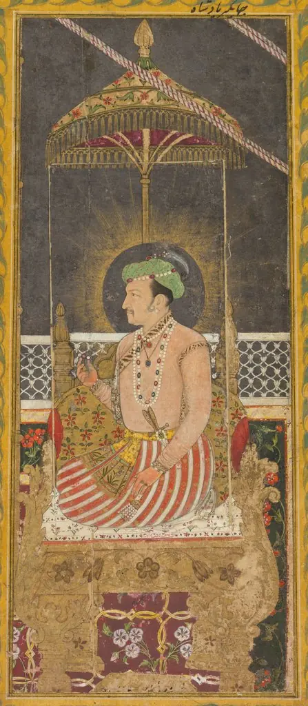 Posthumous portrait of Emperor Jahangir under a canopy (recto); Calligraphy (verso), by Unknown