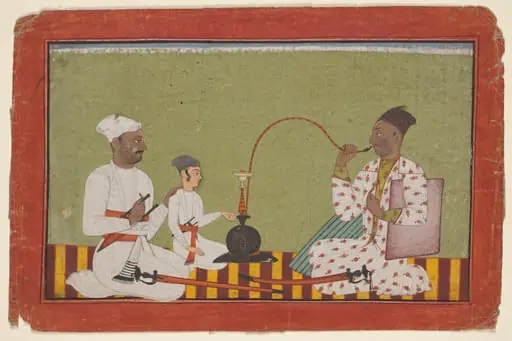 Posthumous portrait of Raja Chhatar Singh of Chamba smoking a hookah with his brother and son, by Unknown