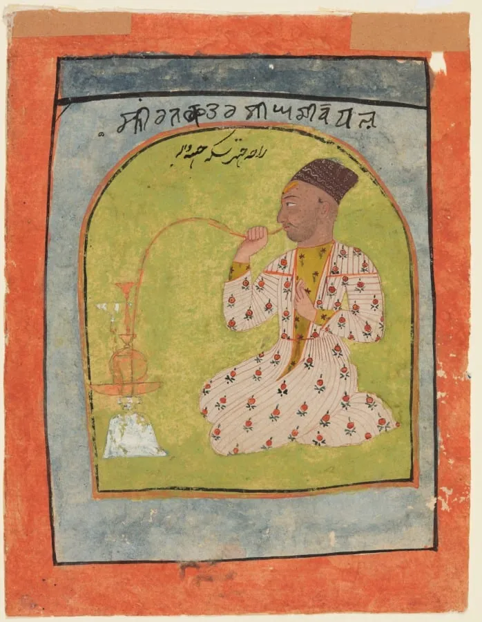 Posthumous portrait of Raja Chhatar Singh of Chamba smoking a hookah, by Unknown, unspecified, 1700