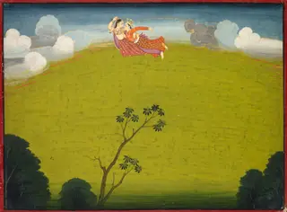 Pradyumna and Mayavati Fly to Dvaraka, from the Large Basohli Bhagavata Purana, by Unknown, 1762