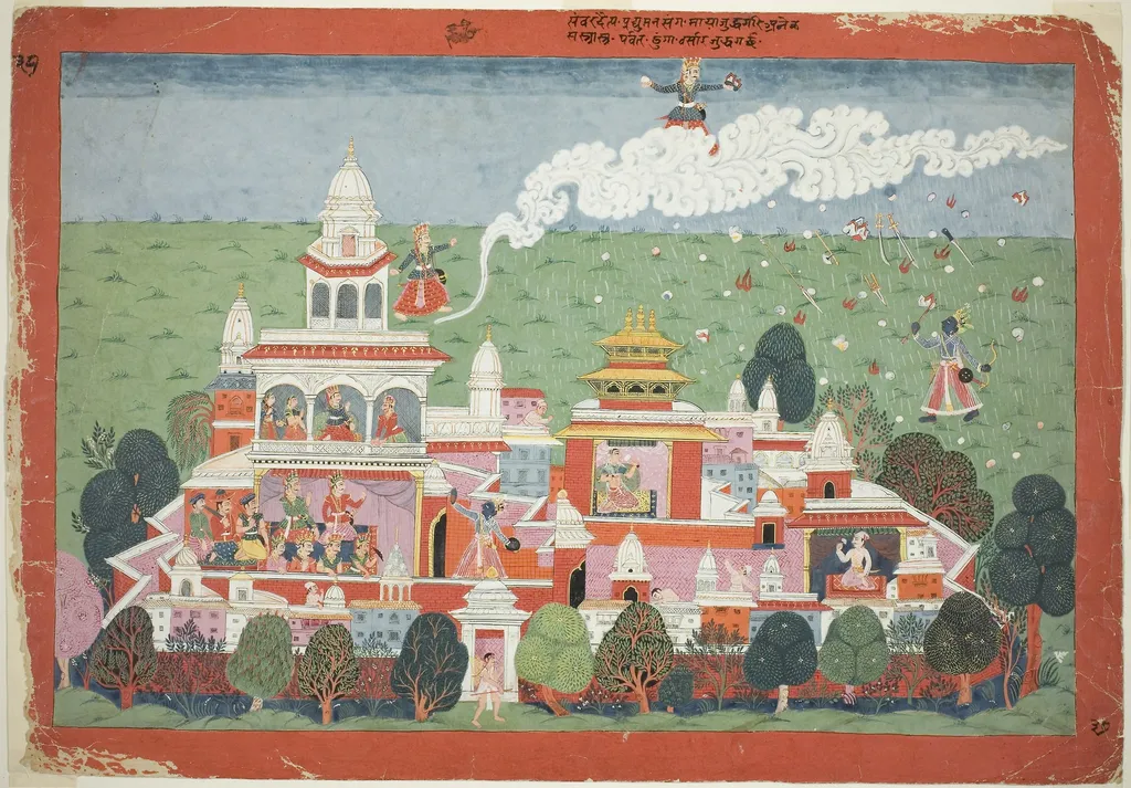 Pradyumna Enters the Palace of the Demon Sambar and Challenges him to Battle, page from a manuscript of the Bhagavata Purana, by Unknown, unspecified, 1775