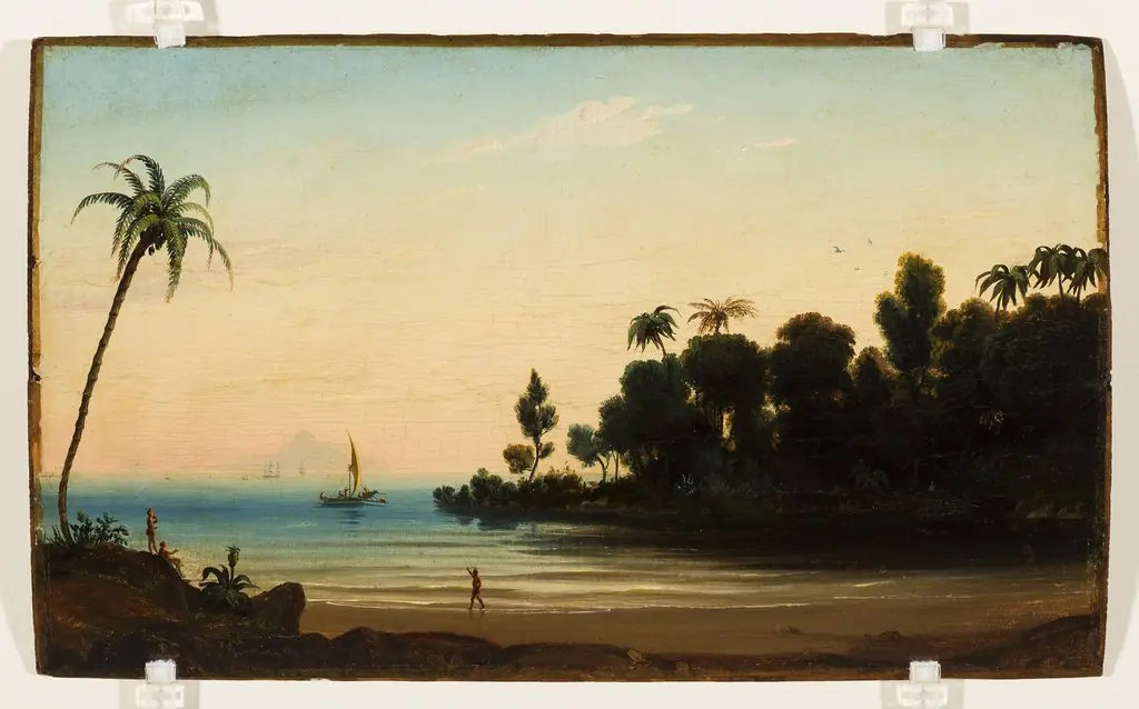 Praia com índios e veleiro (atribuído), by Unknown