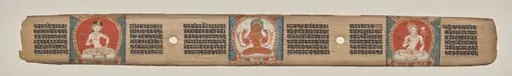 Prajnaparamita flanked by a white female figure and a white bodhisattva, folio 90 (recto), from a Manuscript of the Perfection of Wisdom in Eight Thousand Lines (Ashtasahasrika Prajnaparamita-sutra), by Unknown