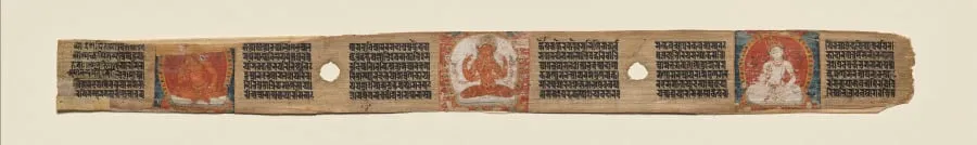 Prajnaparamita flanked by two bodhisattvas, folio 187 (recto), from a Manuscript of the Perfection of Wisdom in Eight Thousand Lines (Ashtasahasrika Prajnaparamita-sutra), by Unknown, unspecified, 14