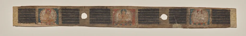 Prajnaparamita flanked by two female figures, folio 1 (verso), from a Manuscript of the Perfection of Wisdom in Eight Thousand Lines (Ashtasahasrika Prajnaparamita-sutra), by Unknown, unspecified, 1119