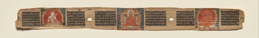 Preaching Amitabha with Avalokiteshvara and Manjushri, folio 186 (verso), from a Manuscript of the Perfection of Wisdom in Eight Thousand Lines (Ashtasahasrika Prajnaparamita-sutra), by Unknown, unspecified, 14
