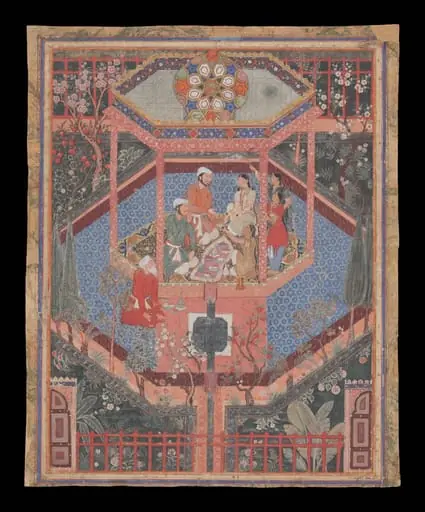 Prince Alamshah Rustam with Mihr Afruz in a garden pavilion, by Unknown