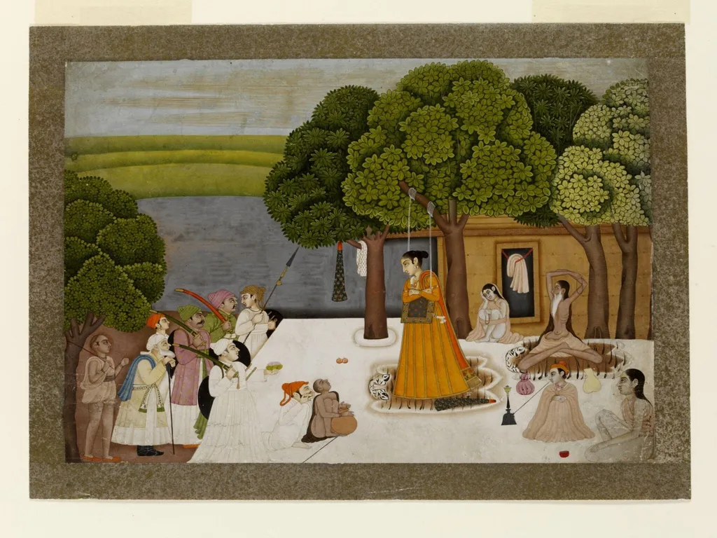 Prince and his attendants visiting an ashram, by Unknown, paint, 1765