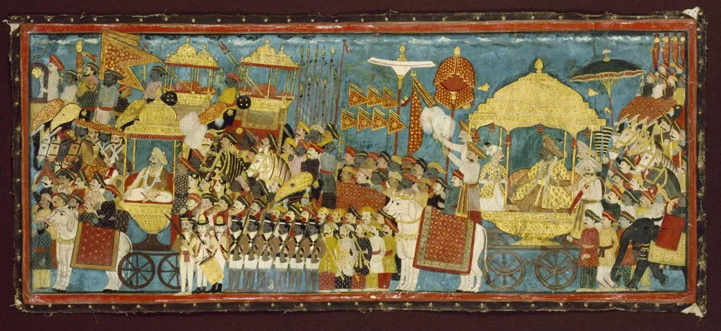 Processional scene with Amar Singh, ruler of Thanjavur (Tanjore), and Sarabhoji, by Unknown, paint, 1797