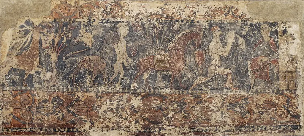 Profane paintings from Sigena: Deer eating fruit from a tree, lion holding a naked man and dismounted knight kneeling before a lady on a throne, by Unknown