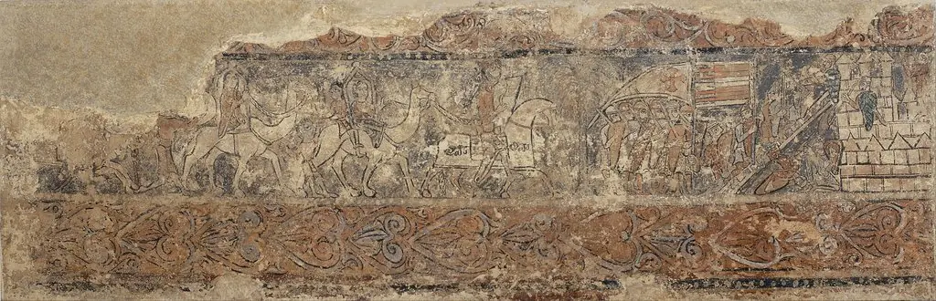 Profane paintings from Sigena: Retinue of pilgrims and assault on a castle (Saint John of Acre?), by Unknown