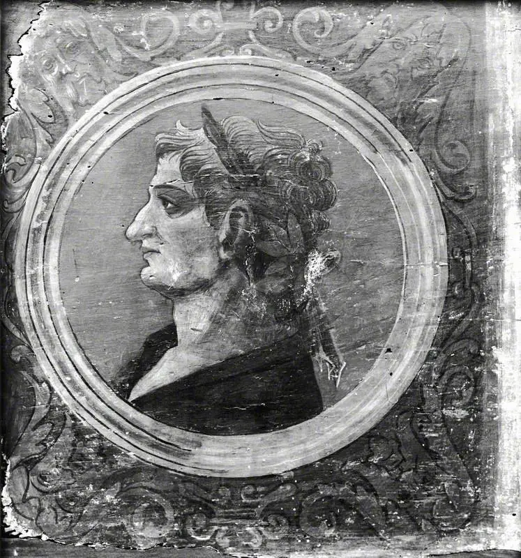 Profile Bust of a Roman Emperor Facing Left (one of 29 painted panels from a frieze), by Unknown