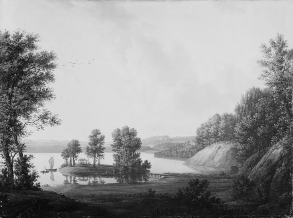 Prospekt fra Dronninggård over Furesøen. I forgrunden øen Chevallier med det kinesiske lysthus, by Unknown, 1777