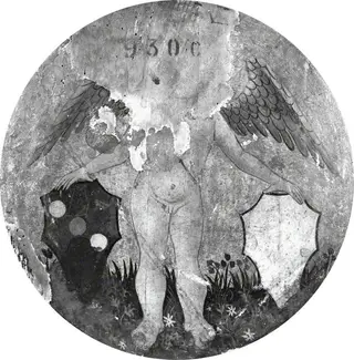 Putto Holding Two Shields of Arms (birth tray, back), by Unknown, 1462