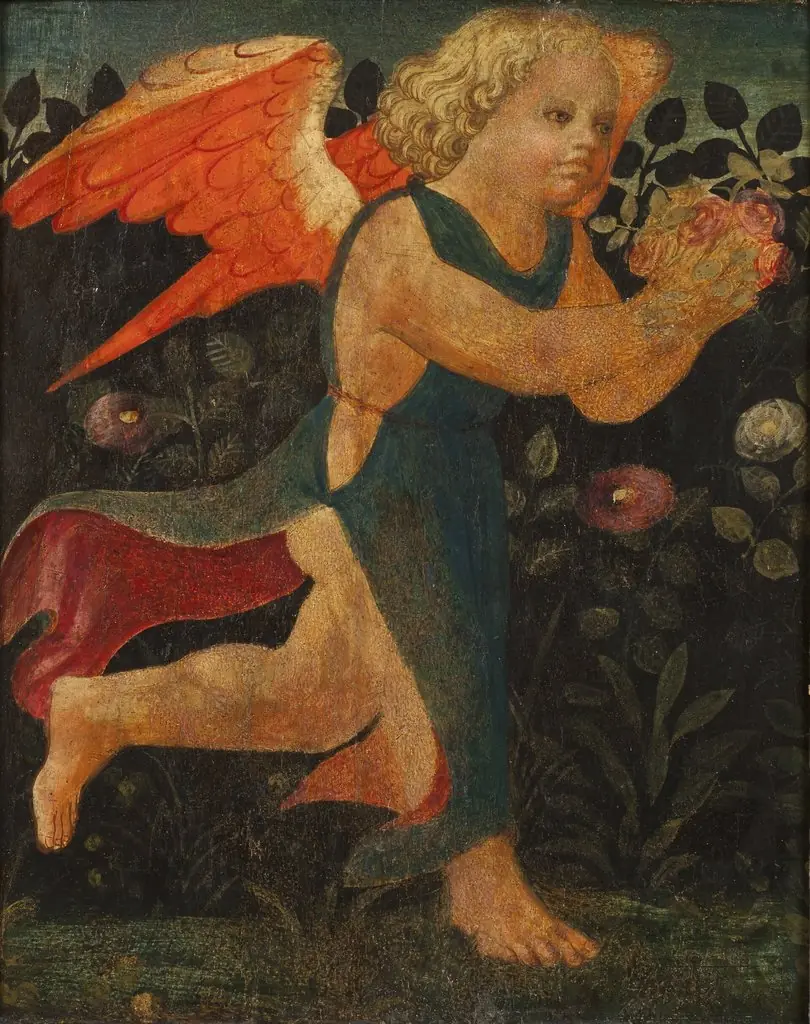 Putto in front of a Hedge of Roses, by Unknown
