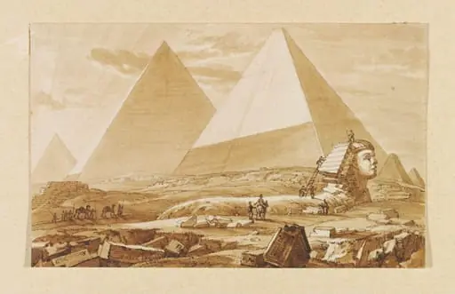 Pyramids and Sphinx - Sun setting, by Unknown