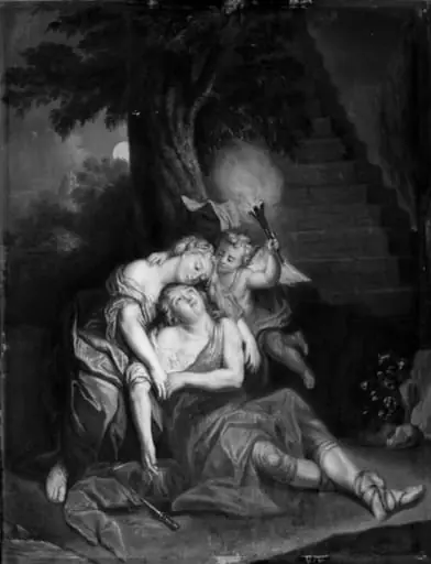 Pyramus, Thisbe og en amorin, by Unknown
