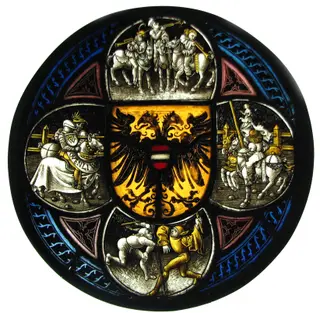 Quatrefoil Roundel with Arms and Secular Scenes, by Unknown, 1500