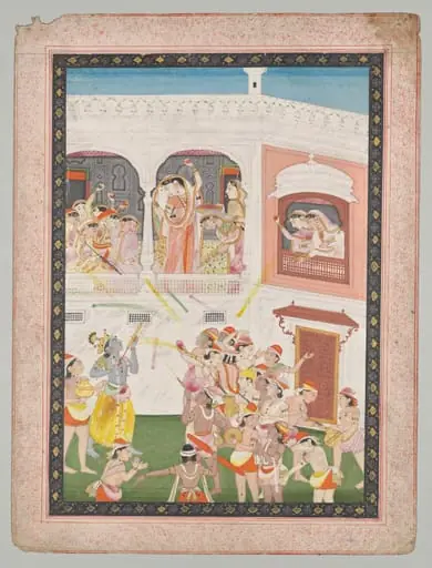 Radha and Hindu God Krishna celebrating the festival Holi, by Unknown