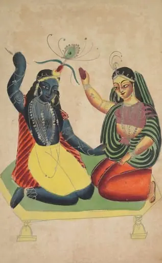 Radha and Krishna (verso), from a Kalighat album, by Unknown, 1890
