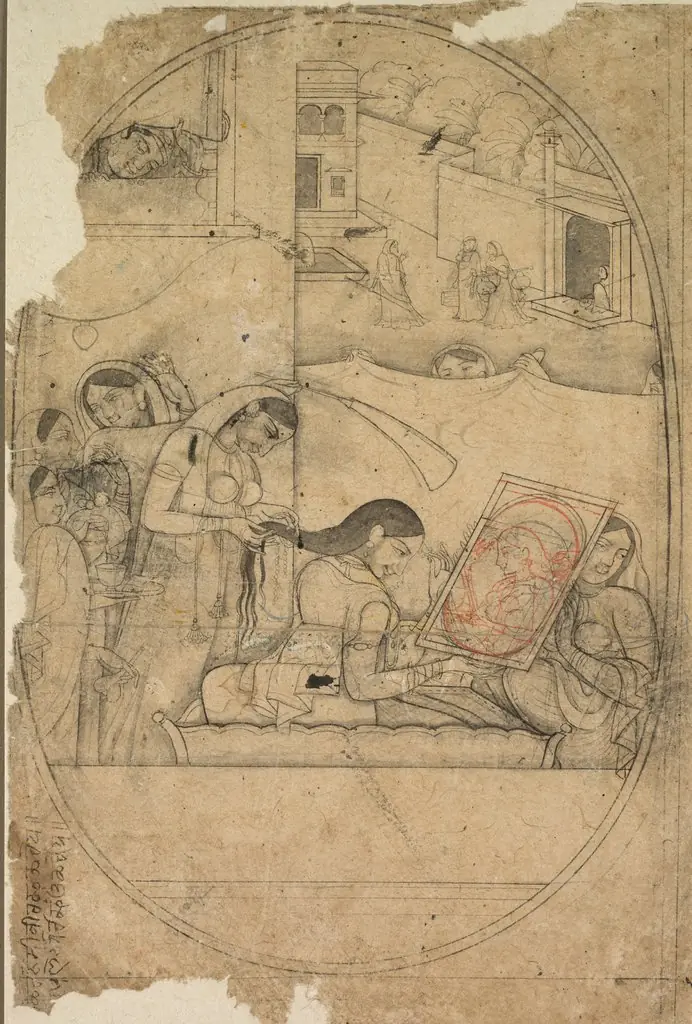 Radha's Hair Being Dressed, by Unknown