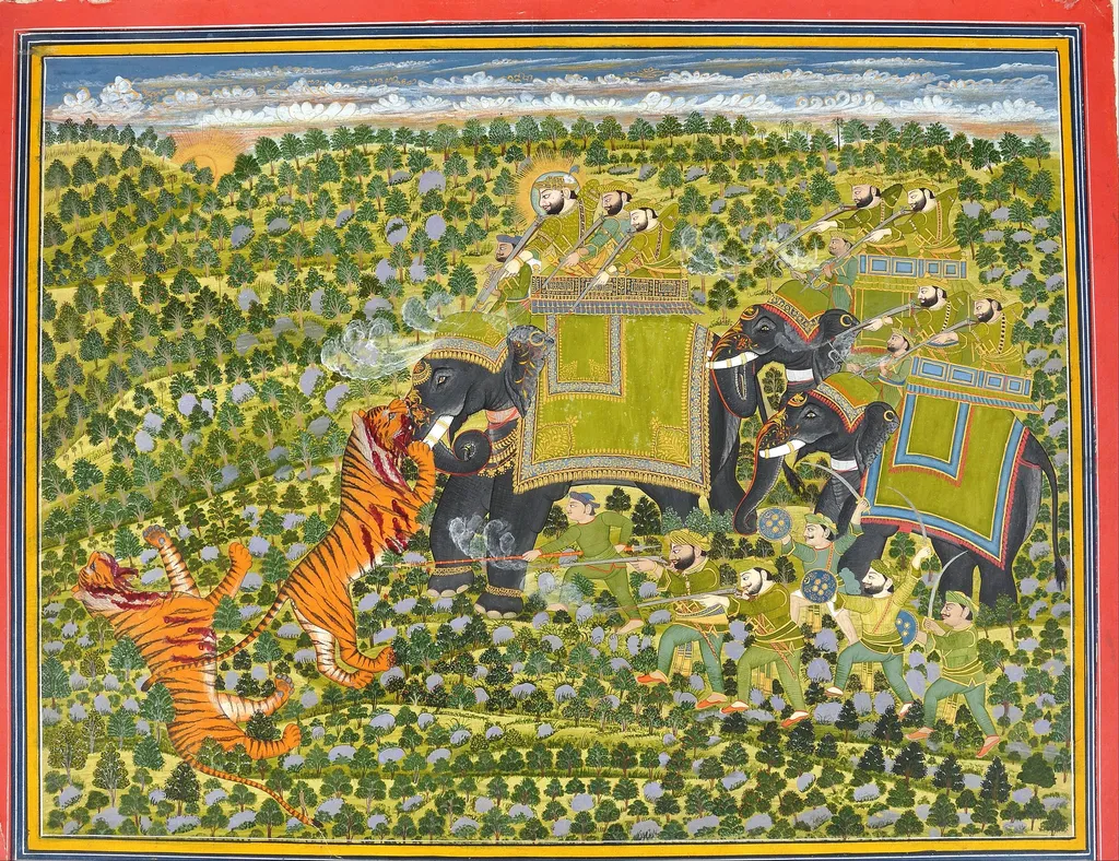 Raghuraj Singh hunting tigers Datia,, by Unknown, unspecified, 1827