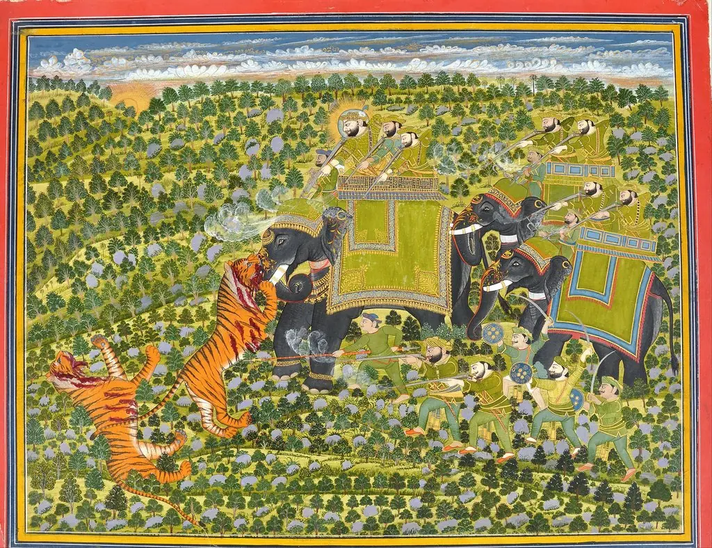 Raghuraj Singh hunting tigers Datia,, by Unknown, 1827