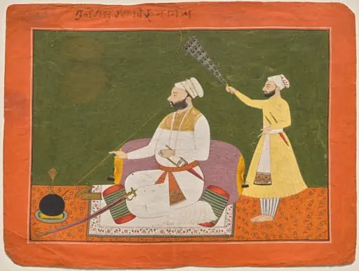 Raja Bikram Singh of Guler smoking a hookah, by Unknown