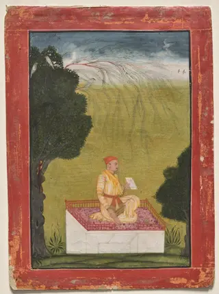 Raja Dilip Singh of Guler on a dais, by Unknown, 1707