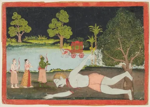 Rama and Lakshmana slay the demon giant Viradha, from Chapters 2 through 4 of the Aranya Kanda (Book of the Forest) of a Ramayana (Rama’s Journey), by Unknown