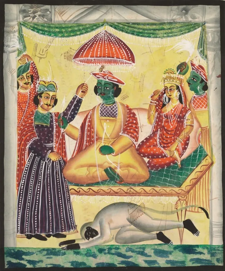 Rama and Sita enthroned (recto), from a Kalighat album, by Unknown, unspecified, 1890