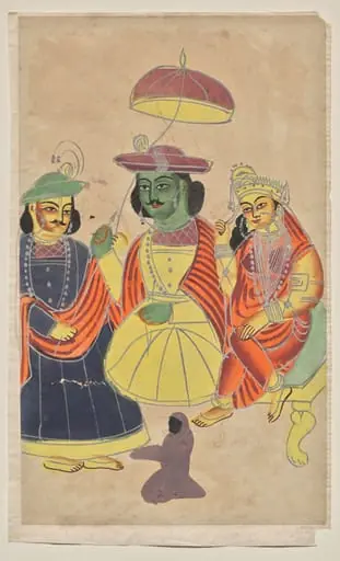 Rama and Sita enthroned with Lakshmana and Hanuman attending, from a Kalighat album, by Unknown