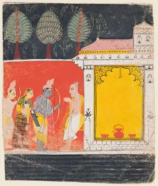 Rama, Sita, and Lakshmana visit the hermitage of the sage Bharadvaja at Prayaga, from Chapter 48 of the Ayodhya Kanda (Book of Ayodhya) of a Ramayana (Rama’s Journey), by Unknown, 1650
