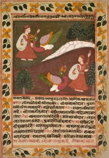 Ravana battles the great vulture Jatayu and defeats him by throwing stones in his mouth, folio 18 (recto) from a Chandana Malayagiri Varta (Story of King Chandana and Queen Malayagiri) of Karamachand, by Unknown
