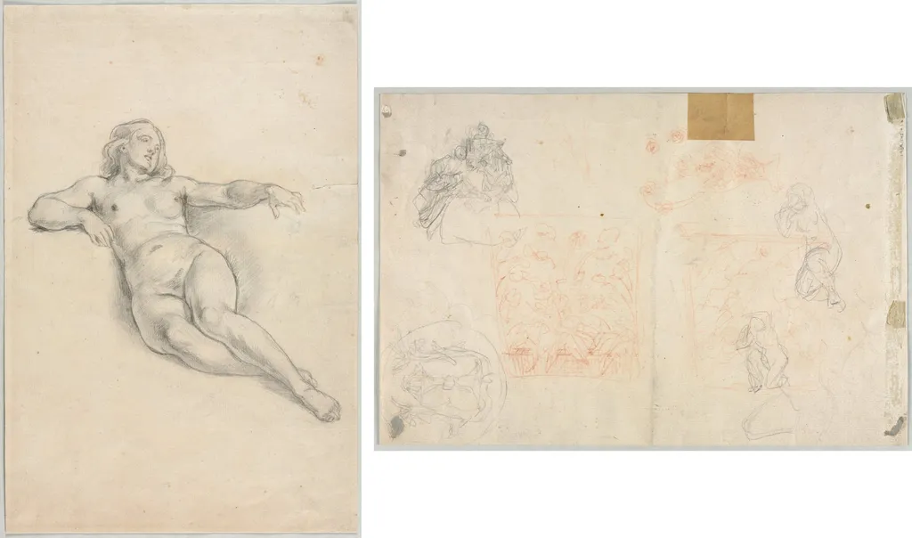Reclining Female Nude (recto); Various Sketches of Figures and Plants (verso), by Unknown, 1850