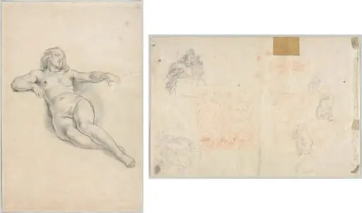 Reclining Female Nude (recto); Various Sketches of Figures and Plants (verso), by Unknown