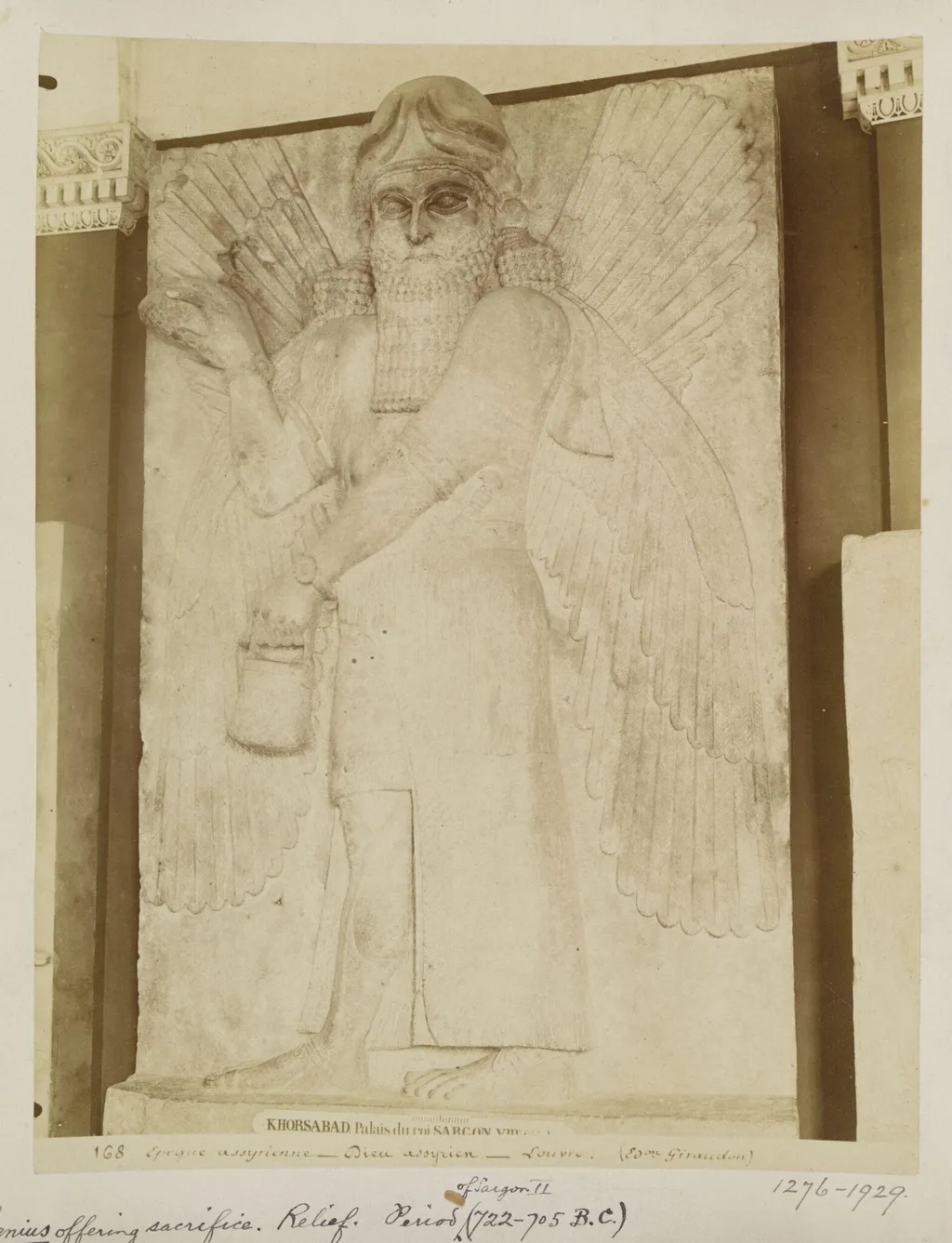 Relief of a genius offering sacrifice, period of Sargon II (722-705 B.C.) from Palace of Khorsabad. Paris: Louvre, by Unknown, photographic, 1884