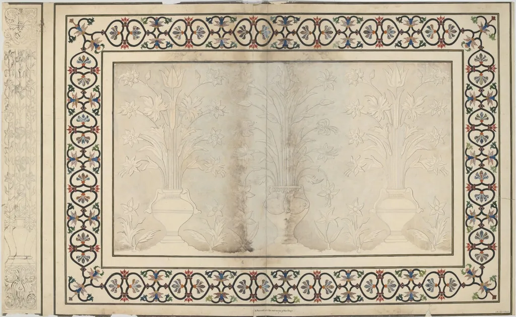 Relief panel of white marble with inlaid border of pietra-dura work on the inside of the entrance to the Taj Mahal, Agra., by Unknown, 1819