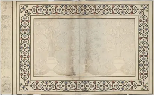 Relief panel of white marble with inlaid border of pietra-dura work on the inside of the entrance to the Taj Mahal, Agra., by Unknown